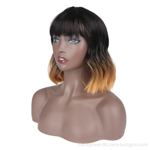 Ombre Synthetic Wig  Dark to orange Wig Short Natural Wave BOB front heat resistant loose with bangs short wig synthetic